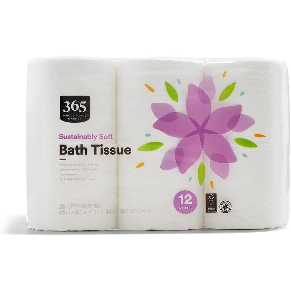 365 by Whole Foods Market Sustainably Soft Bath Tissue 12 roll pack front view eco-friendly toilet paper