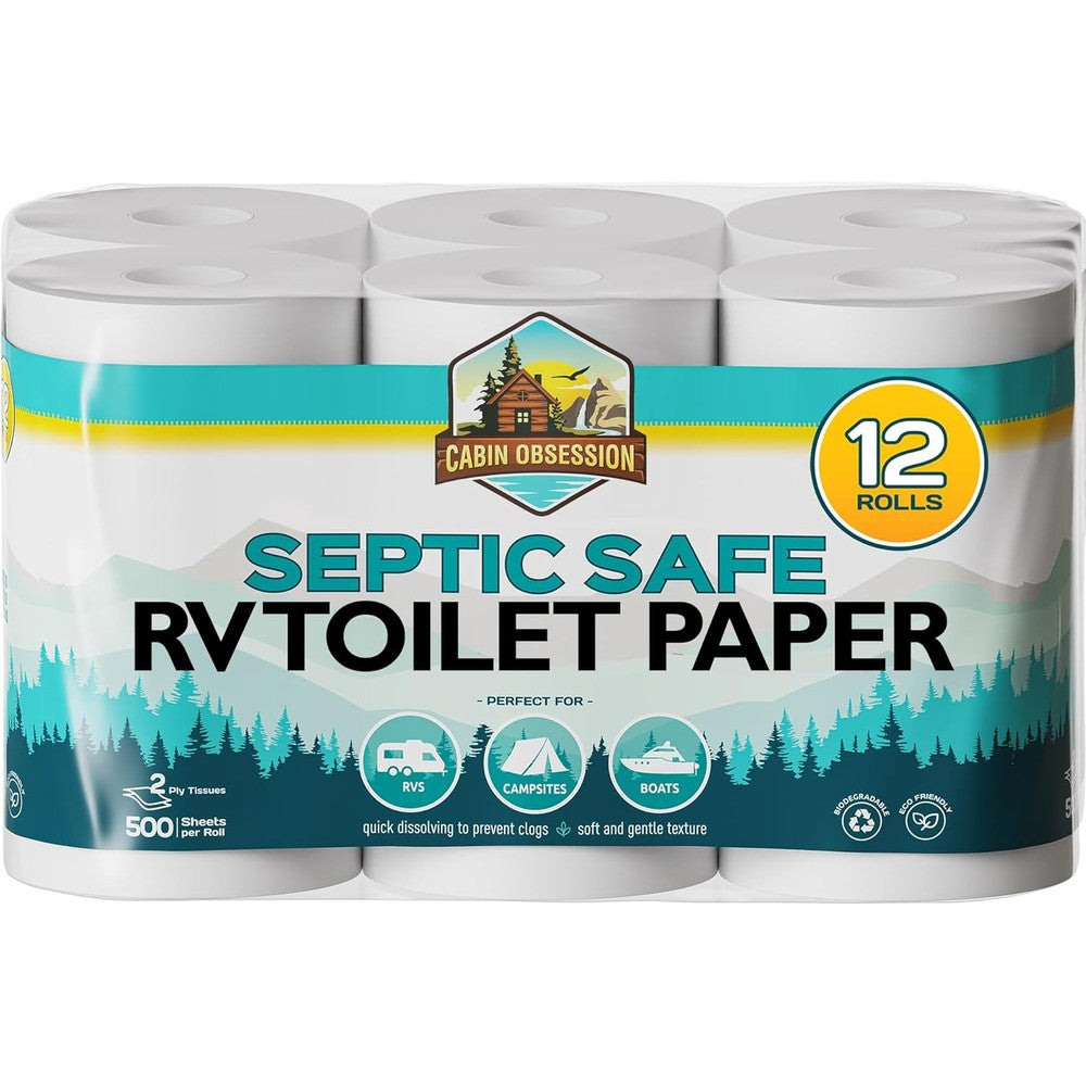 Cabin Obsession RV Toilet Paper 12 Pack front view quick dissolving tissue.