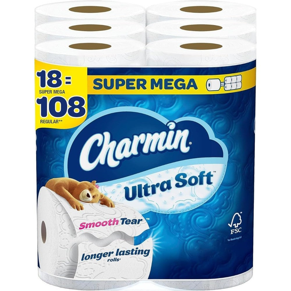 Charmin Ultra Soft Super Mega Toilet Paper 18 roll pack front view authentic USA import