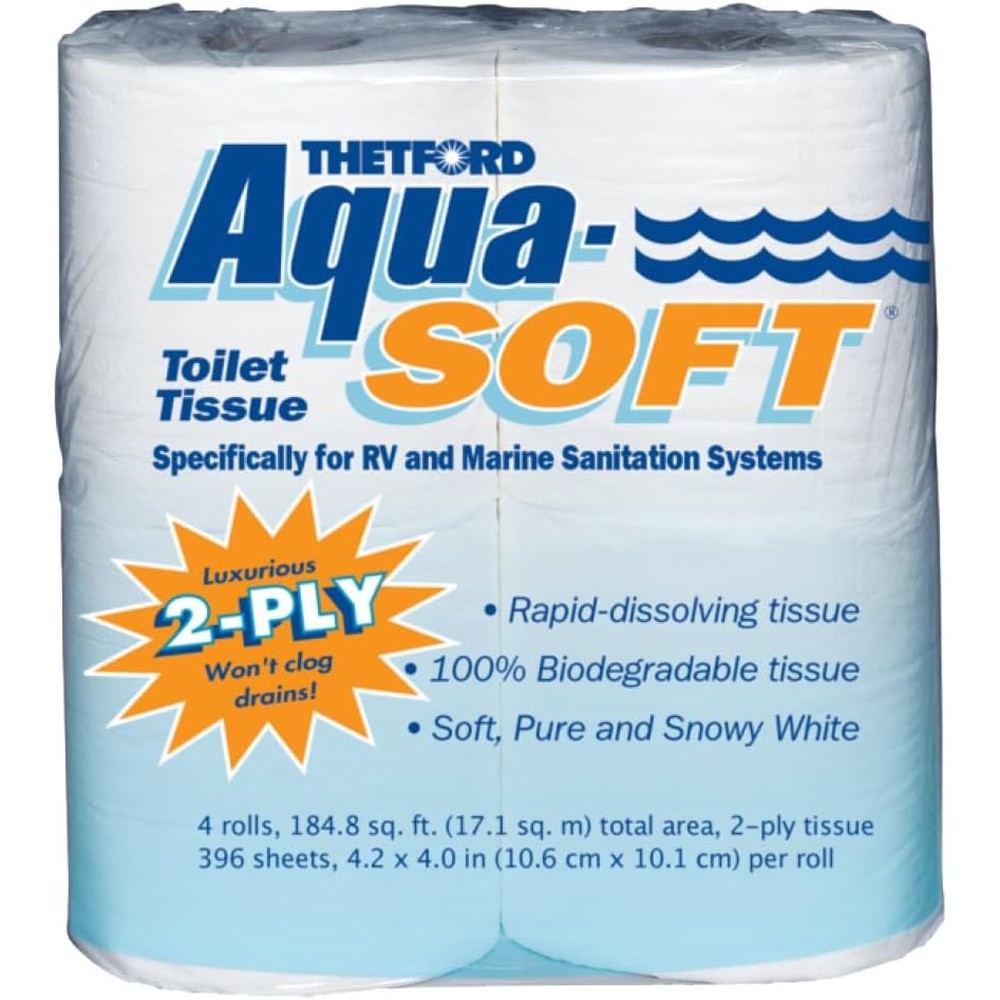 Thetford Aqua-Soft Toilet Tissue 4 pack front view showing blue packaging and white rolls.