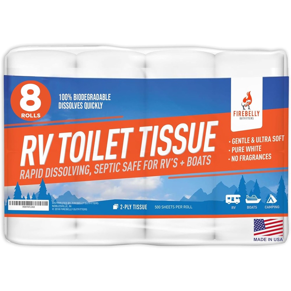 Firebelly Outfitters RV Toilet Paper 8 pack front view fast dissolving bath tissue.