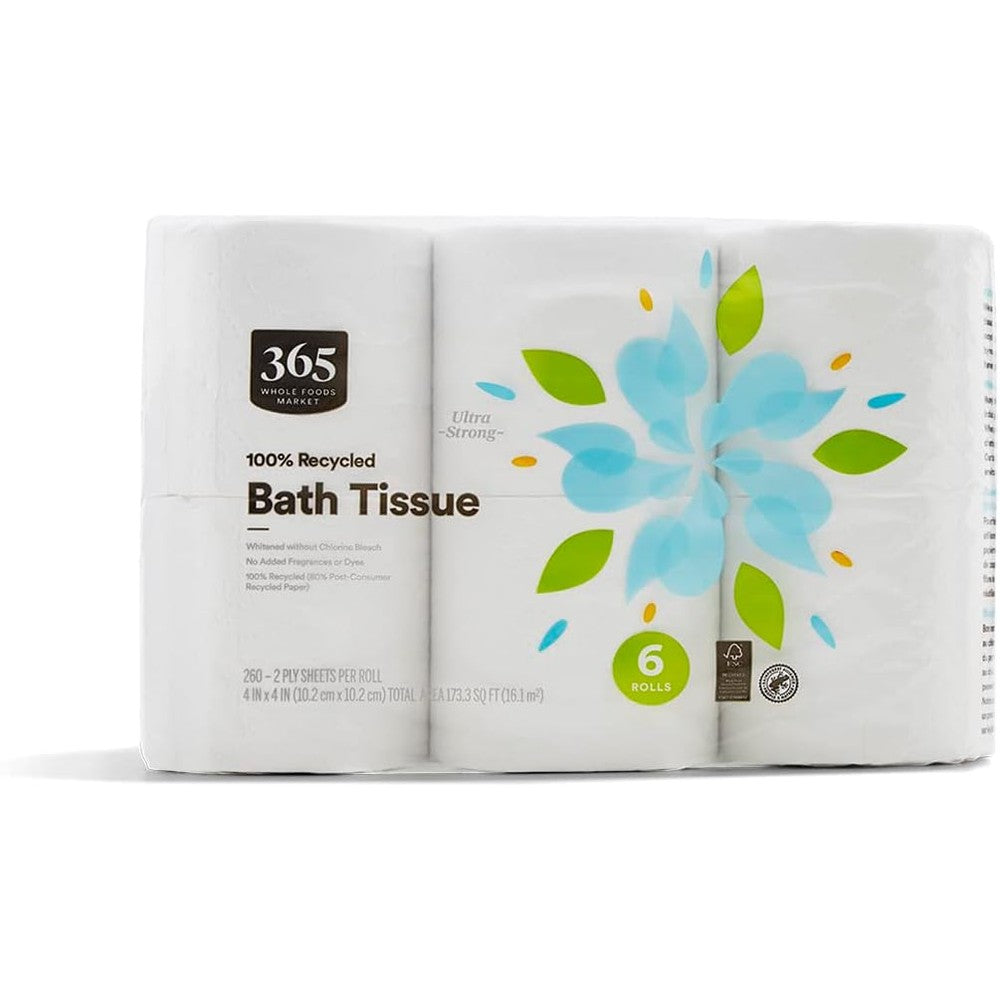 365 by Whole Foods Market 100% Recycled Bath Tissue 6 Pack front view eco-friendly toilet paper.