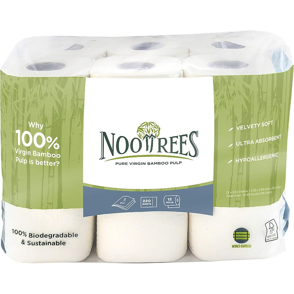 NooTrees Bamboo 3-Ply Toilet Tissue 12 roll pack front view for sustainable bathroom care.