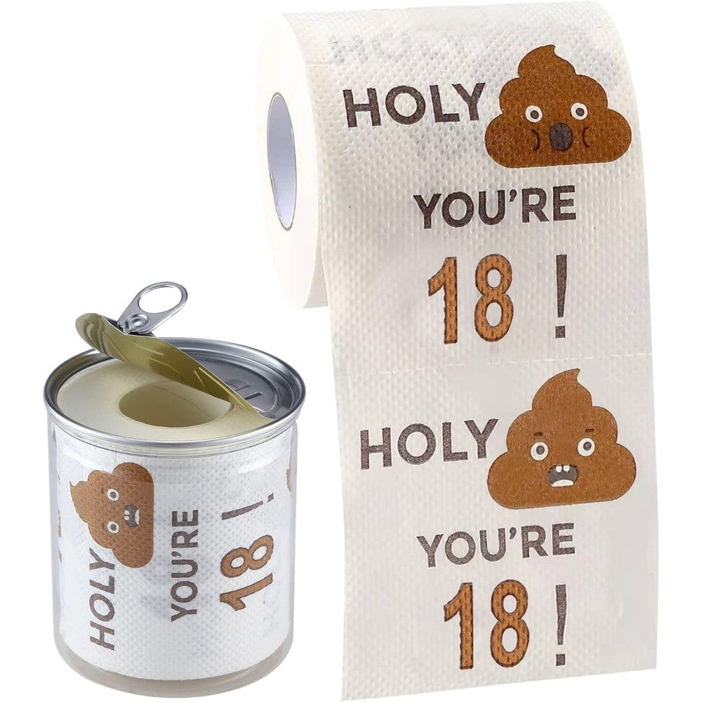 Winoo Design Happy 18th Birthday Toilet Paper Roll front view in gift tin.