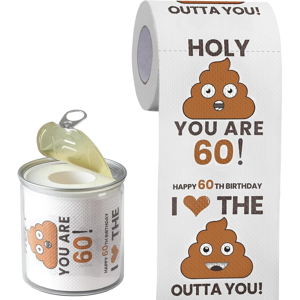 AOZITA 60th birthday prank toilet paper roll front view inside its custom can packaging
