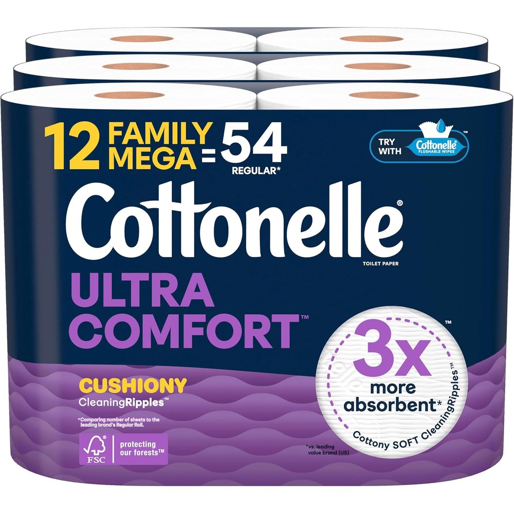 Cottonelle Ultra Comfort Toilet Paper twelve family mega rolls front view packaging
