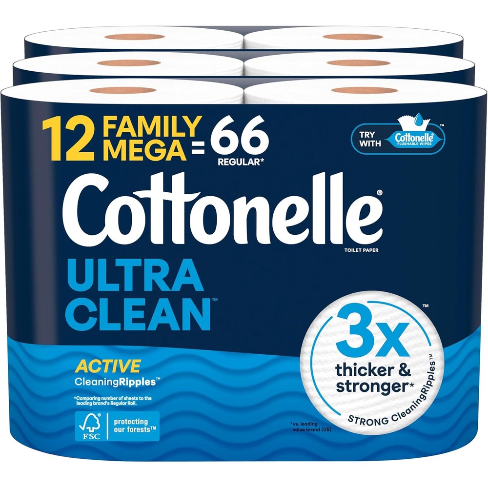 Cottonelle Ultra Clean toilet paper front packaging view showing twelve family mega rolls pack