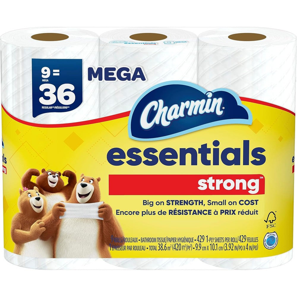 Charmin Essentials Strong Toilet Paper 9 Mega Rolls front view premium bathroom tissue