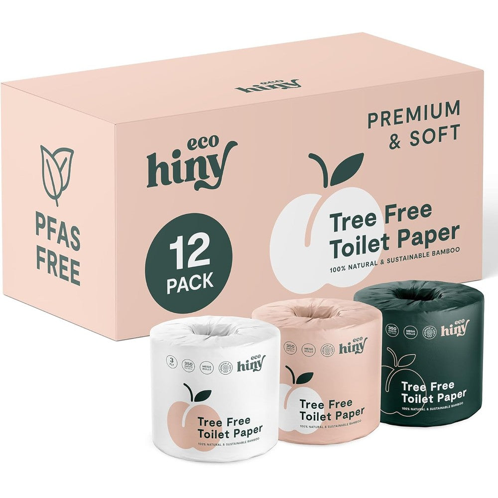 ecoHiny Premium Bamboo Toilet Paper 12 pack front view of plastic free packaging.
