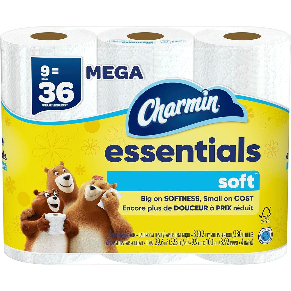 Charmin Essentials Soft 9 Mega Rolls front packaging view authentic imported toilet paper.