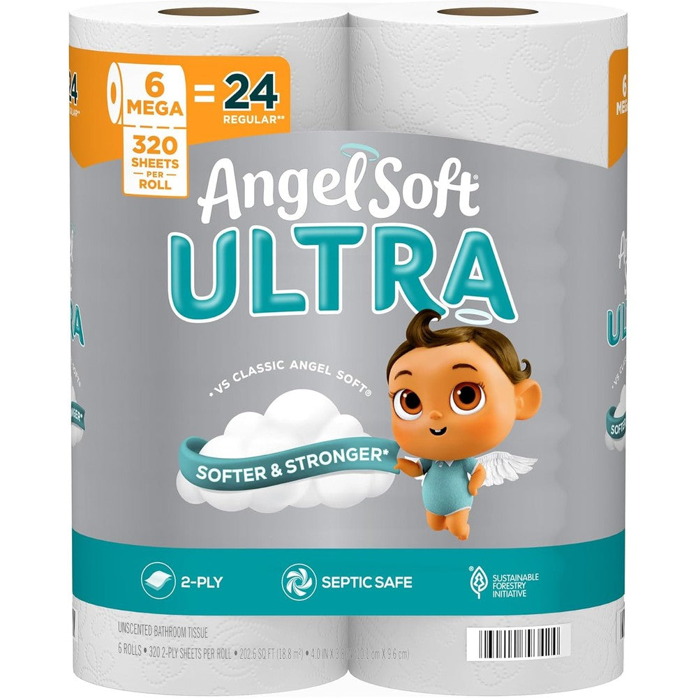 Angel Soft Ultra Toilet Paper 6 Mega Rolls front view premium 2-ply tissue