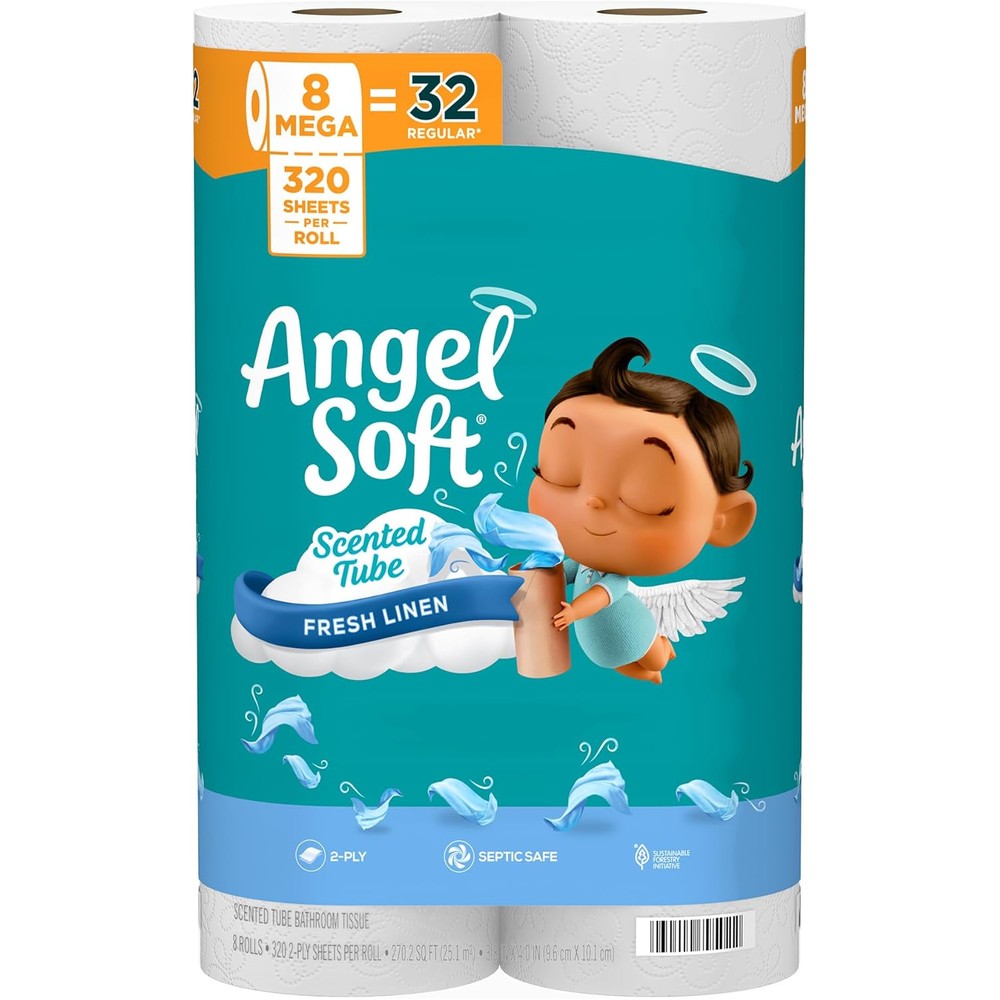 Angel Soft Toilet Paper 8 Mega Rolls front view packaging.