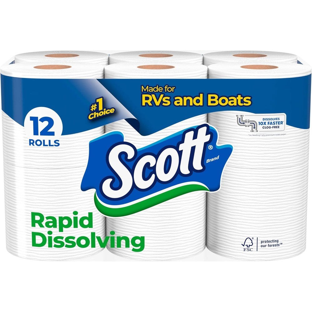 Scott Rapid-Dissolving Toilet Paper 12 Double Rolls front view