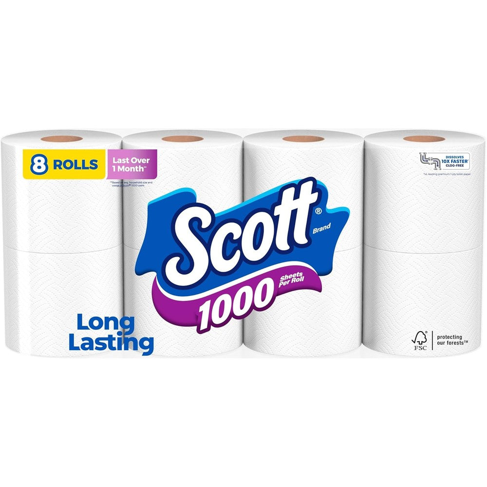 Scott 1000 Toilet Paper 8 Rolls front view authentic imported bathroom tissue.