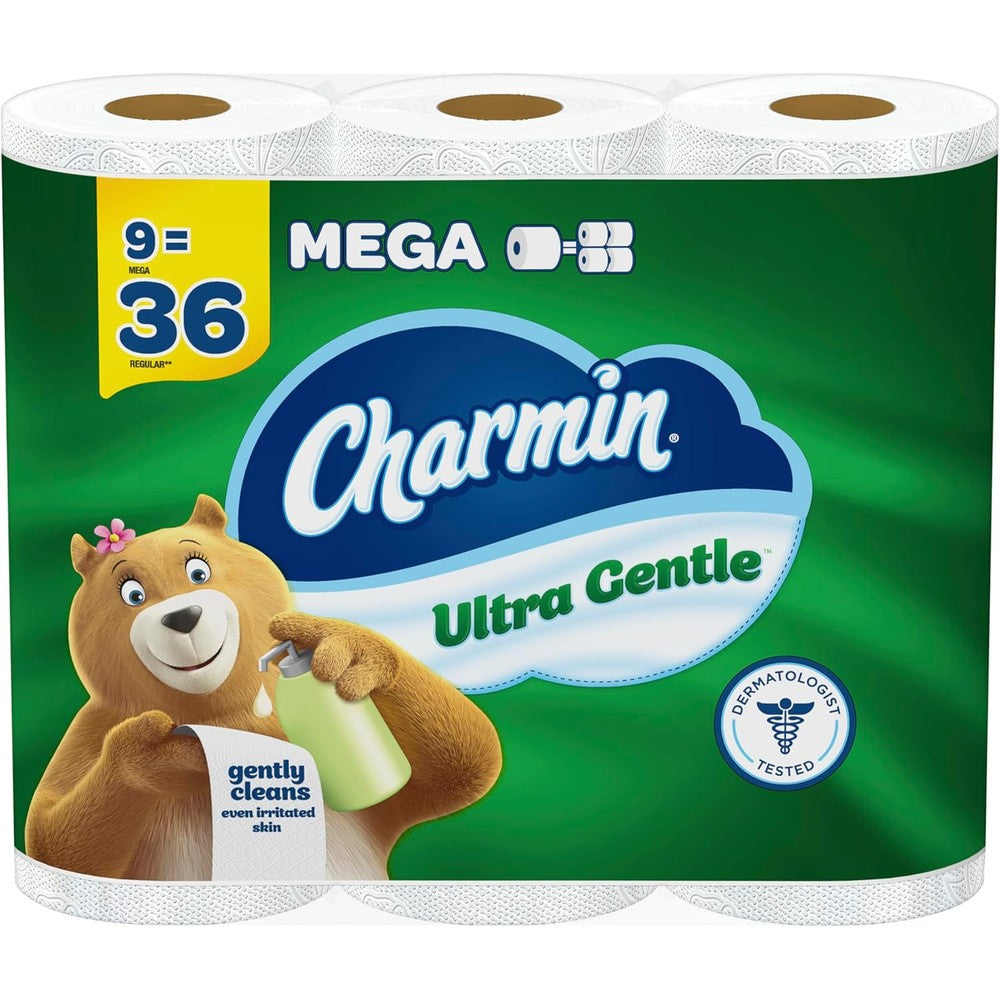 Charmin Ultra Gentle Toilet Paper 9 Mega Rolls front packaging view for sensitive skin