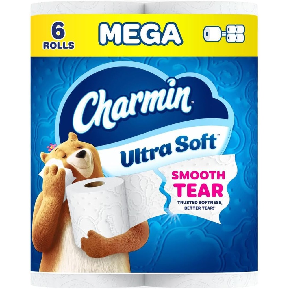 Charmin ultra soft toilet paper six mega rolls front pack view authentic USA imported personal care