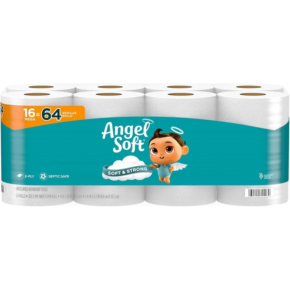 Angel Soft Toilet Paper 16 Mega Rolls pack front view