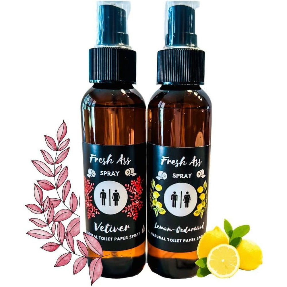 Dezicakes Toilet Paper Spray front view of Vetiver and Lemon-Cedarwood bottles for personal hygiene.