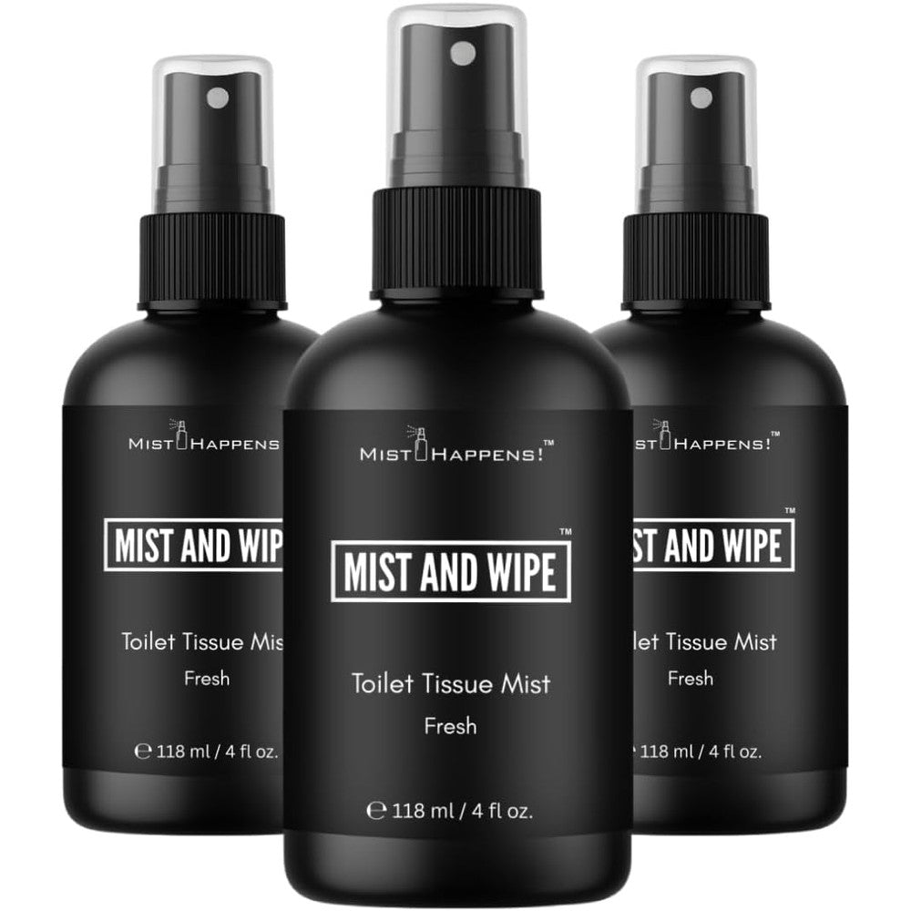 Mist Happens Toilet Tissue Spray front view of 3 pack bottles