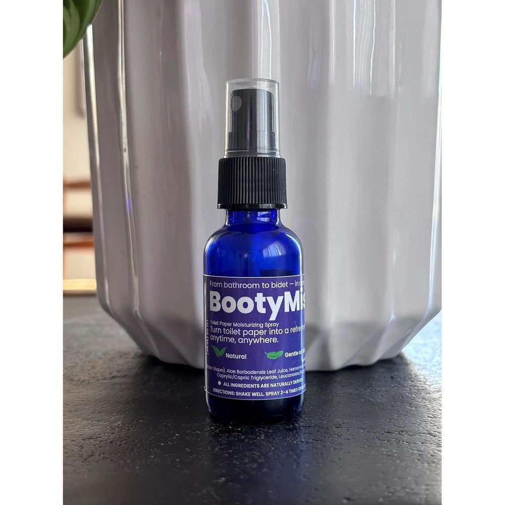 Clean Culture Bootymist toilet paper moisturizing spray 1 ounce bottle front view for personal hygiene.