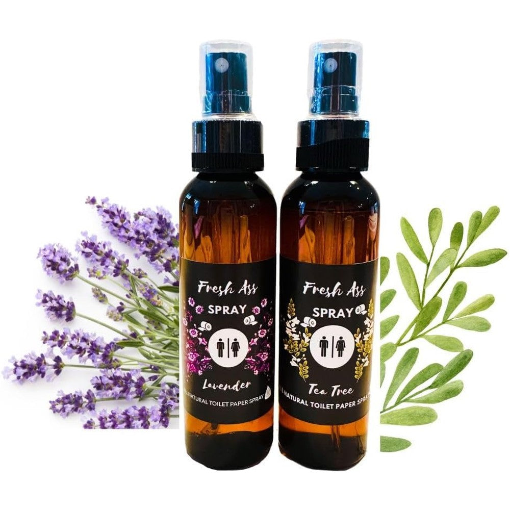 Dezicakes Toilet Paper Spray Set of 2 Lavender and Tea Tree bottles front view