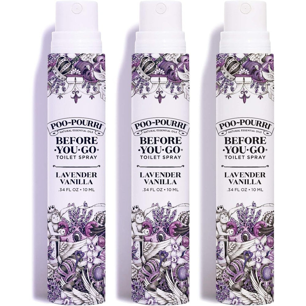 Poo-Pourri Lavender Vanilla Toilet Spray 3-Pack front view authentic odor eliminator.