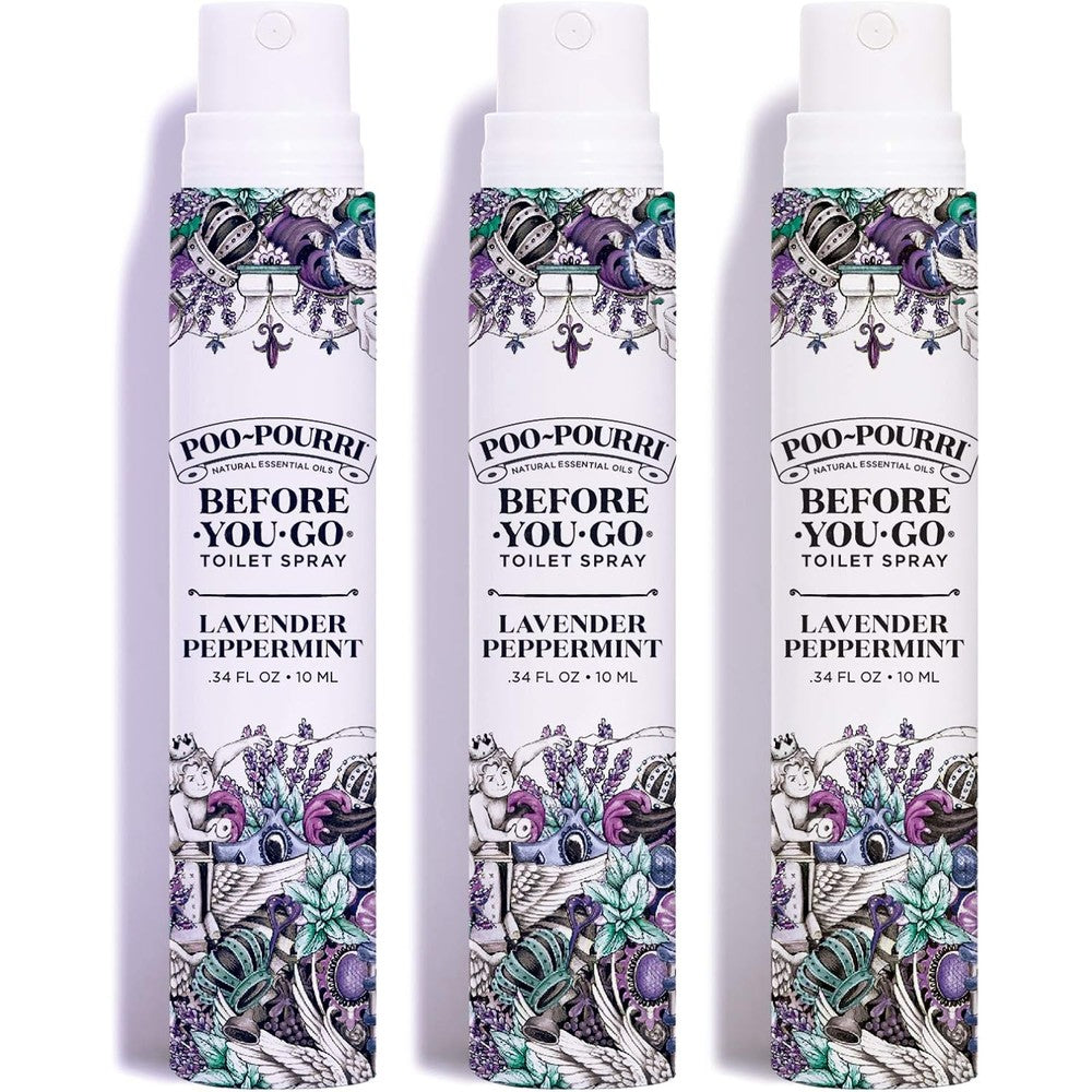 Poo-Pourri Lavender Peppermint Before-You-Go Toilet Spray pack of three front view for bathroom odor prevention.