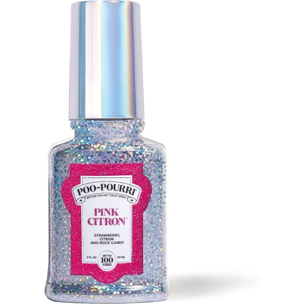 Poo-Pourri Pink Citron Before-You-Go Toilet Spray front view showing essential oil bottle.