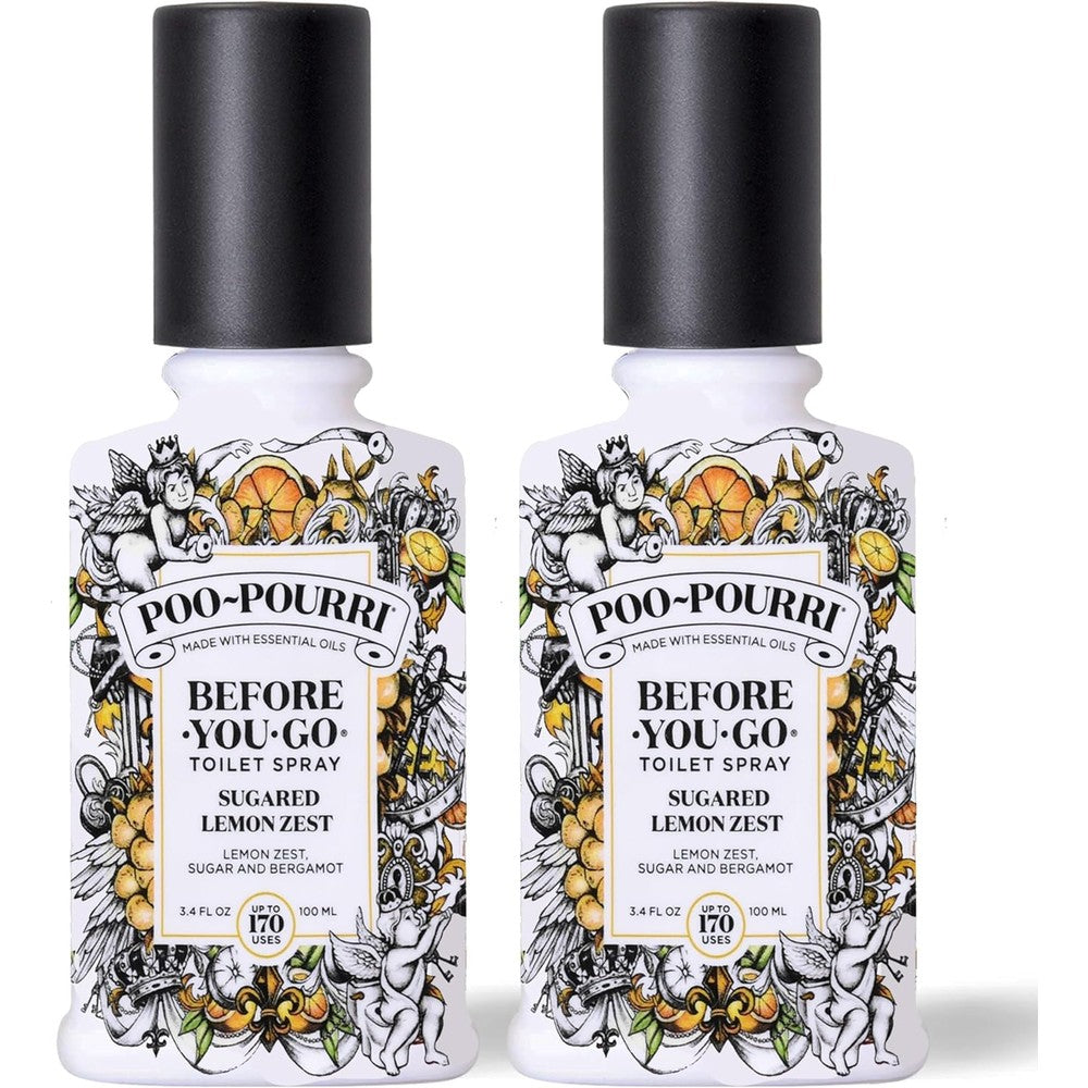 Poo-Pourri Sugared Lemon Zest 3.4 Ounce pack of 2 front view showing essential oil ingredients.
