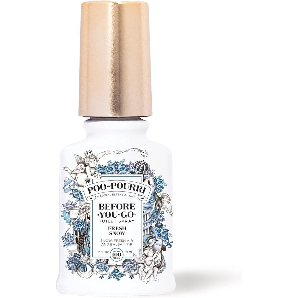 Poo-Pourri Fresh Snow Toilet Spray front view showing essential oil ingredients.