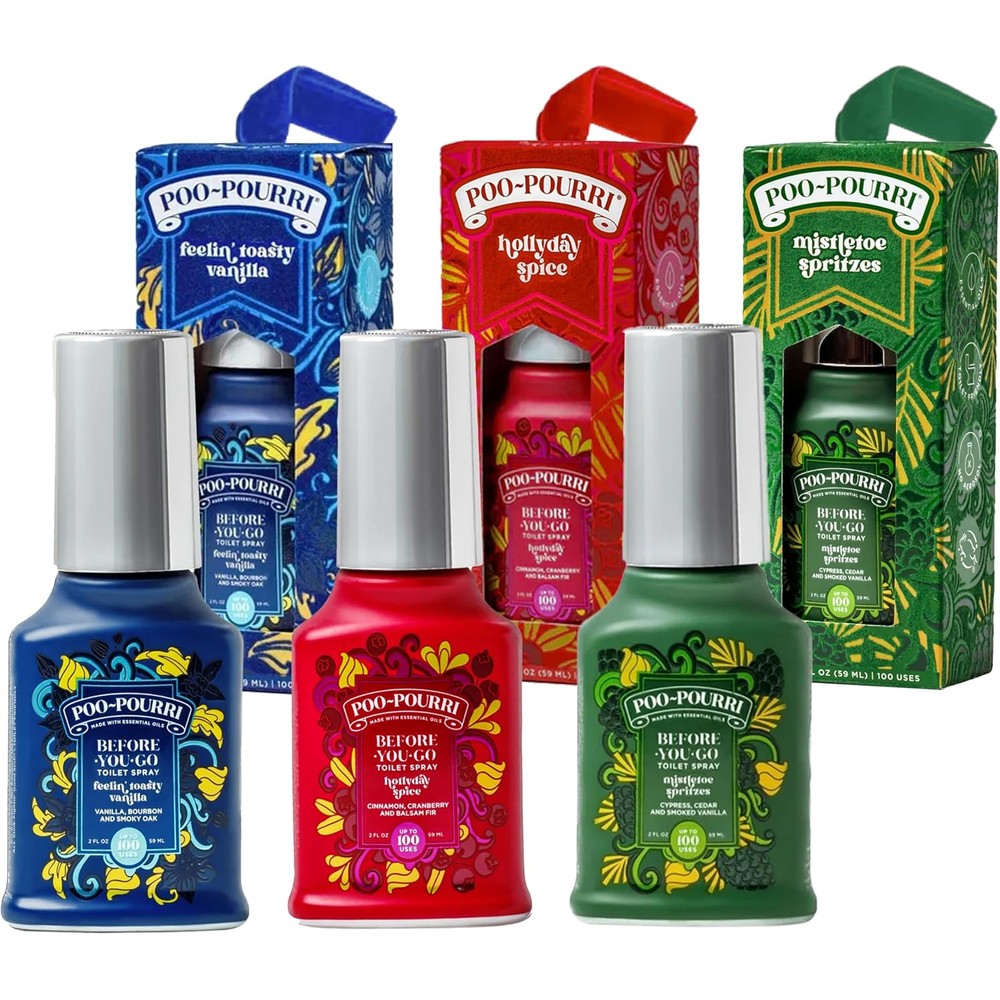 Poo-Pourri Holiday Pack Gift Set front view with three 2 Ounce bottles.