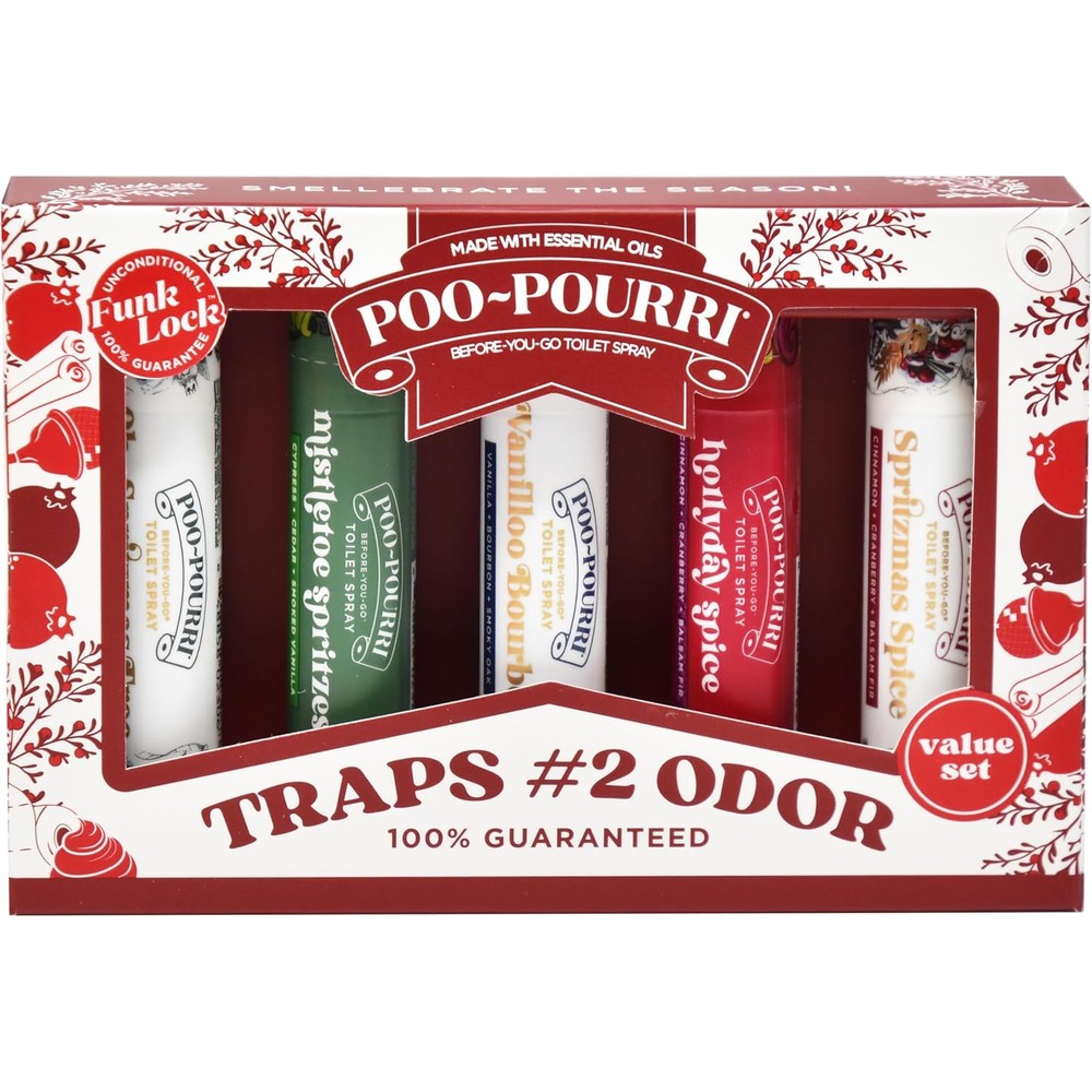 Poo-Pourri Holiday On-The-Go 5 Pack Gift Set front view showcasing festive packaging.