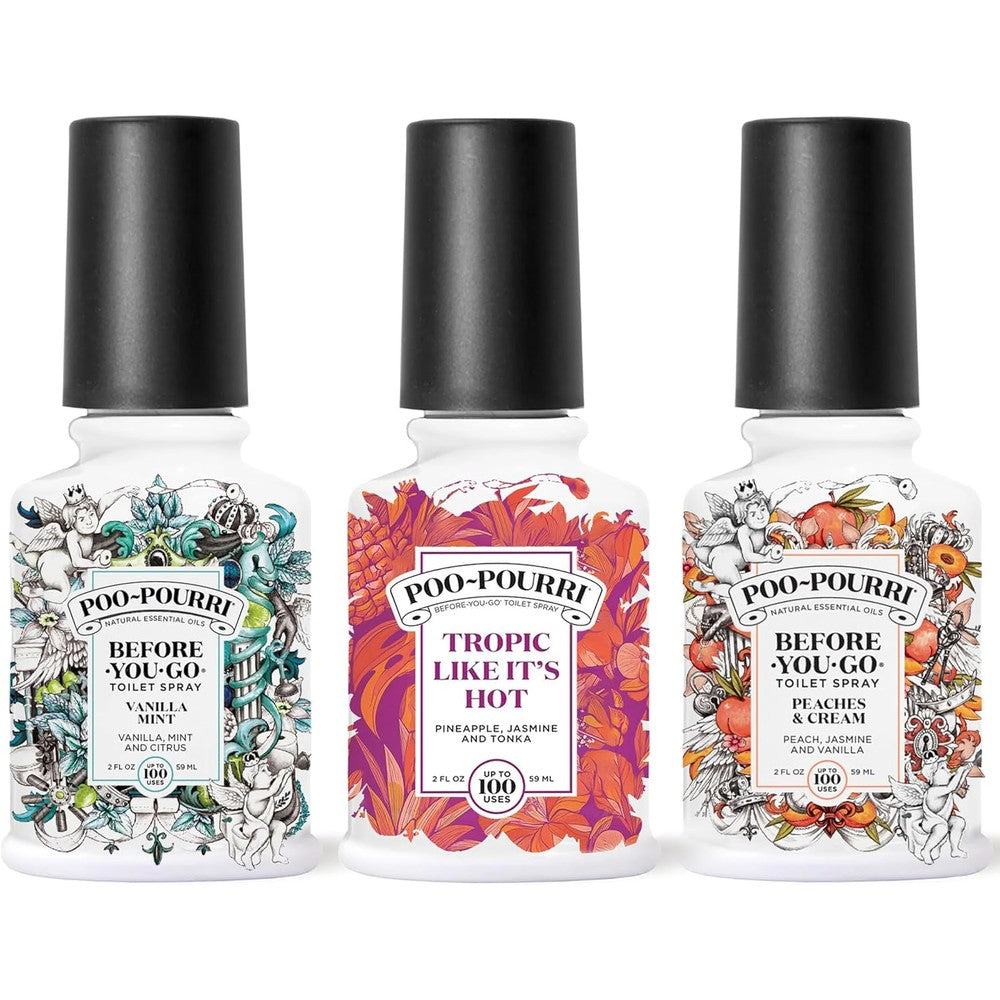Poo-Pourri Before-You-Go Toilet Spray Trio pack with three 2 ounce bottles.