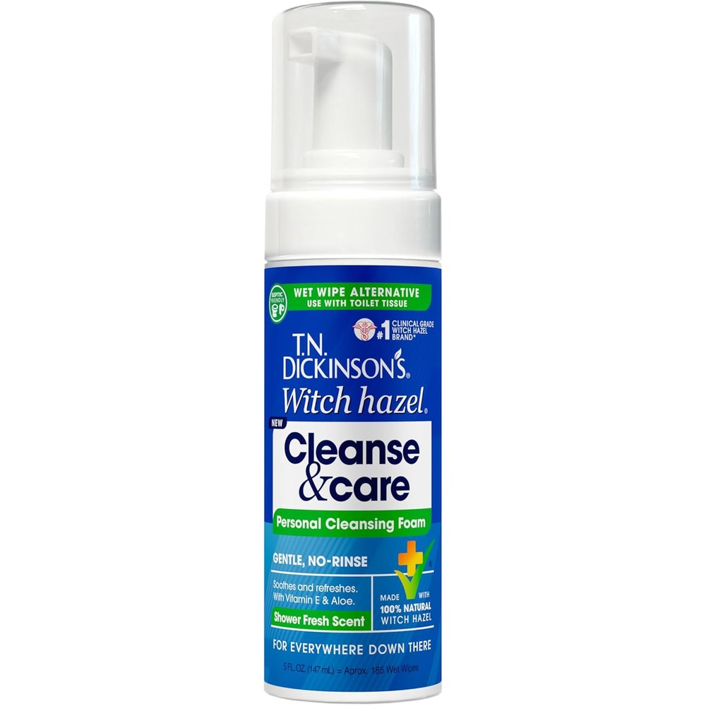 T.N. Dickinson's Witch Hazel Cleanse and Care Personal Cleansing Foam front view for sensitive skin hygiene.