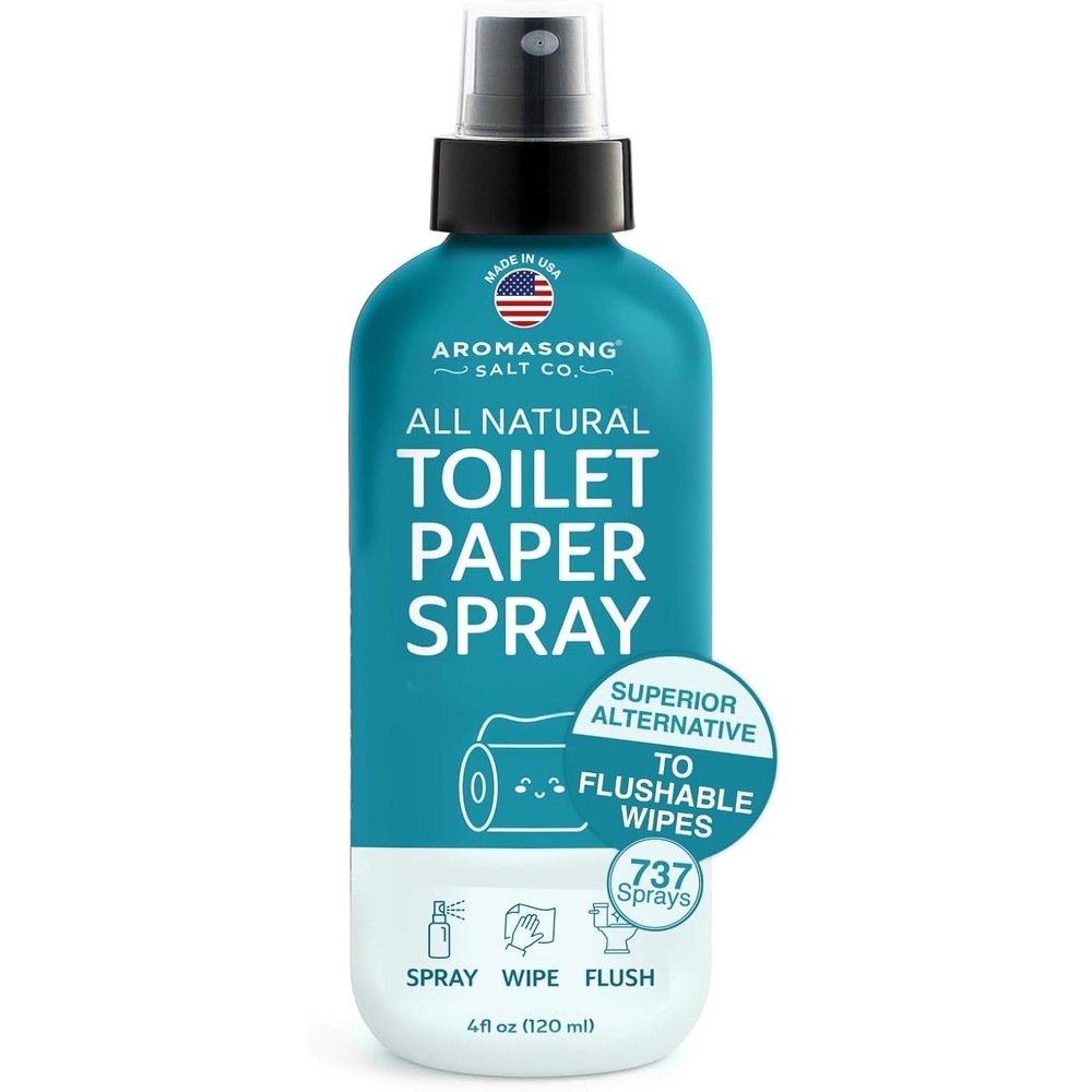 Aromasong Natural Toilet Paper Spray front view of the four fluid ounce bottle showcasing the flushable wet wipe alternative label.