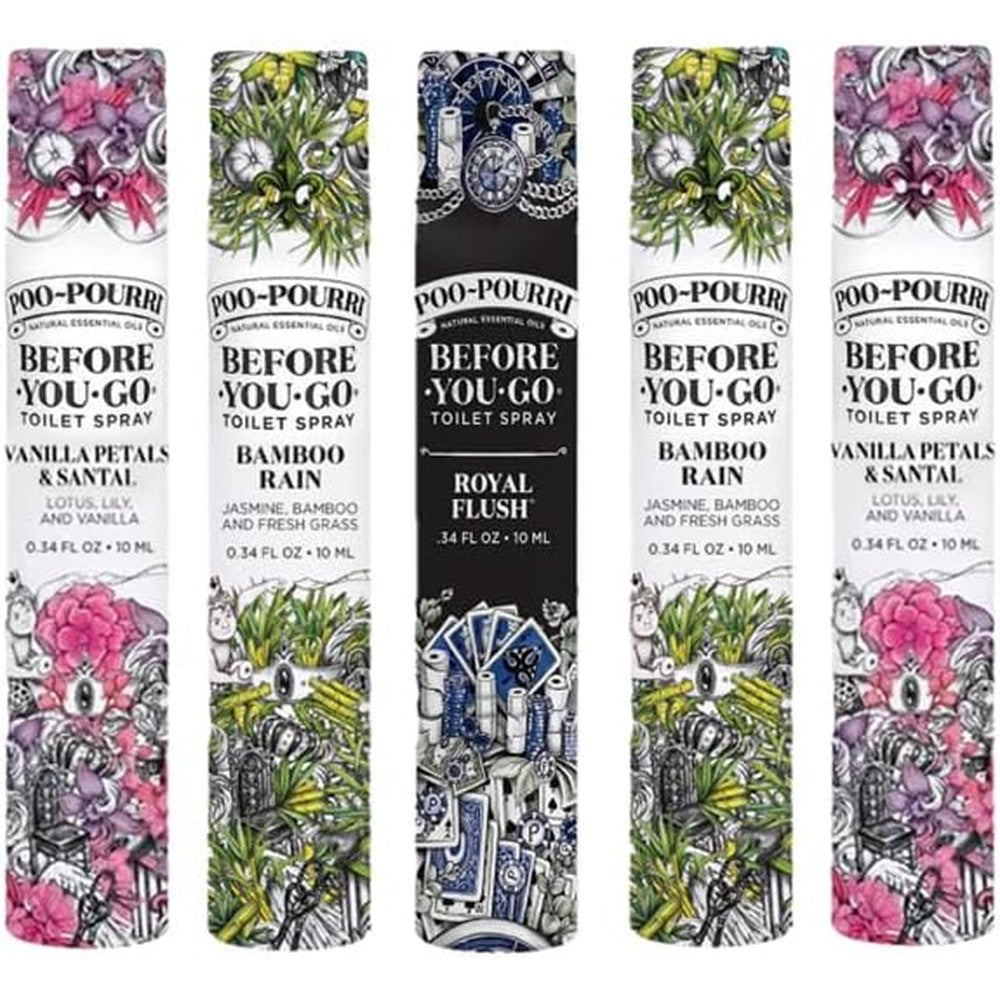 Poo-Pourri Before-You-Go Toilet Spray 5 Pack travel set front view for odor elimination.