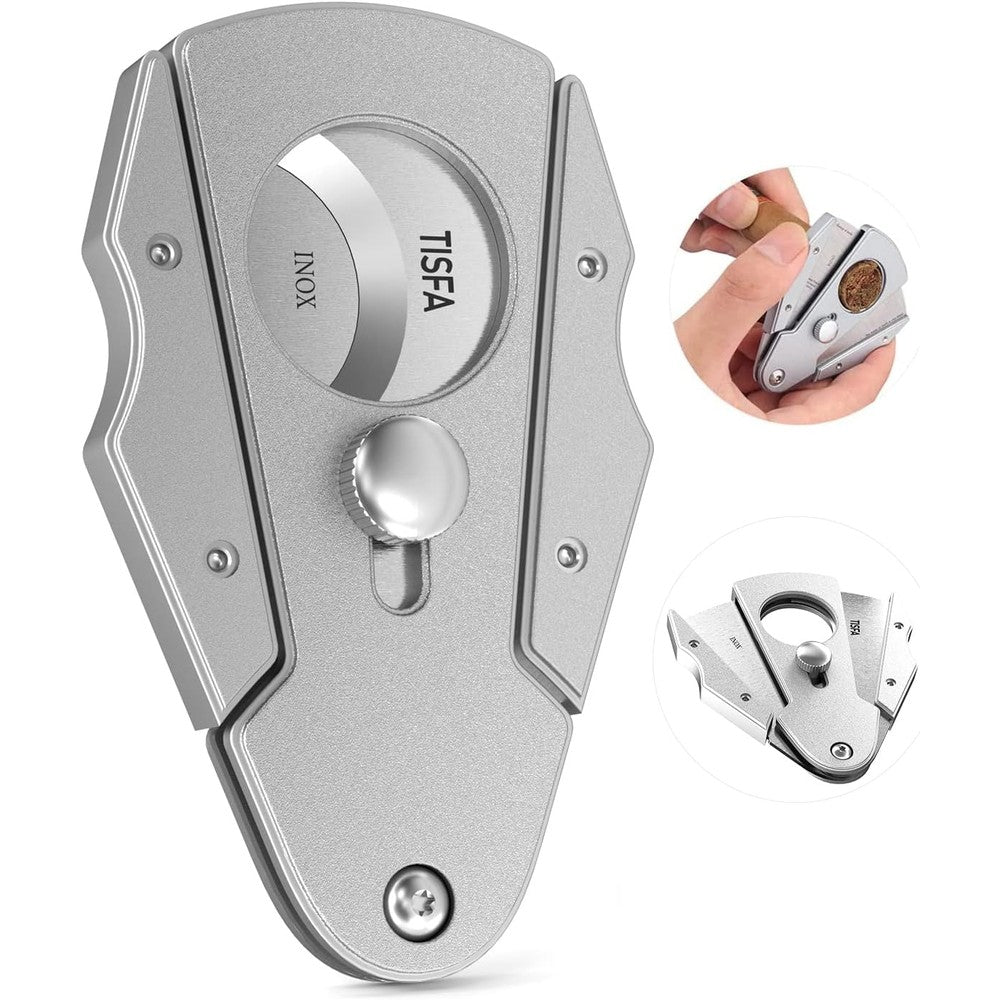 TISFA Cigar Cutter Stainless Steel Double Cut Blade with Safety Lock Cigar Guillotine, Sharp Cigar Clipper Scissors with Leather Case (Sliver)