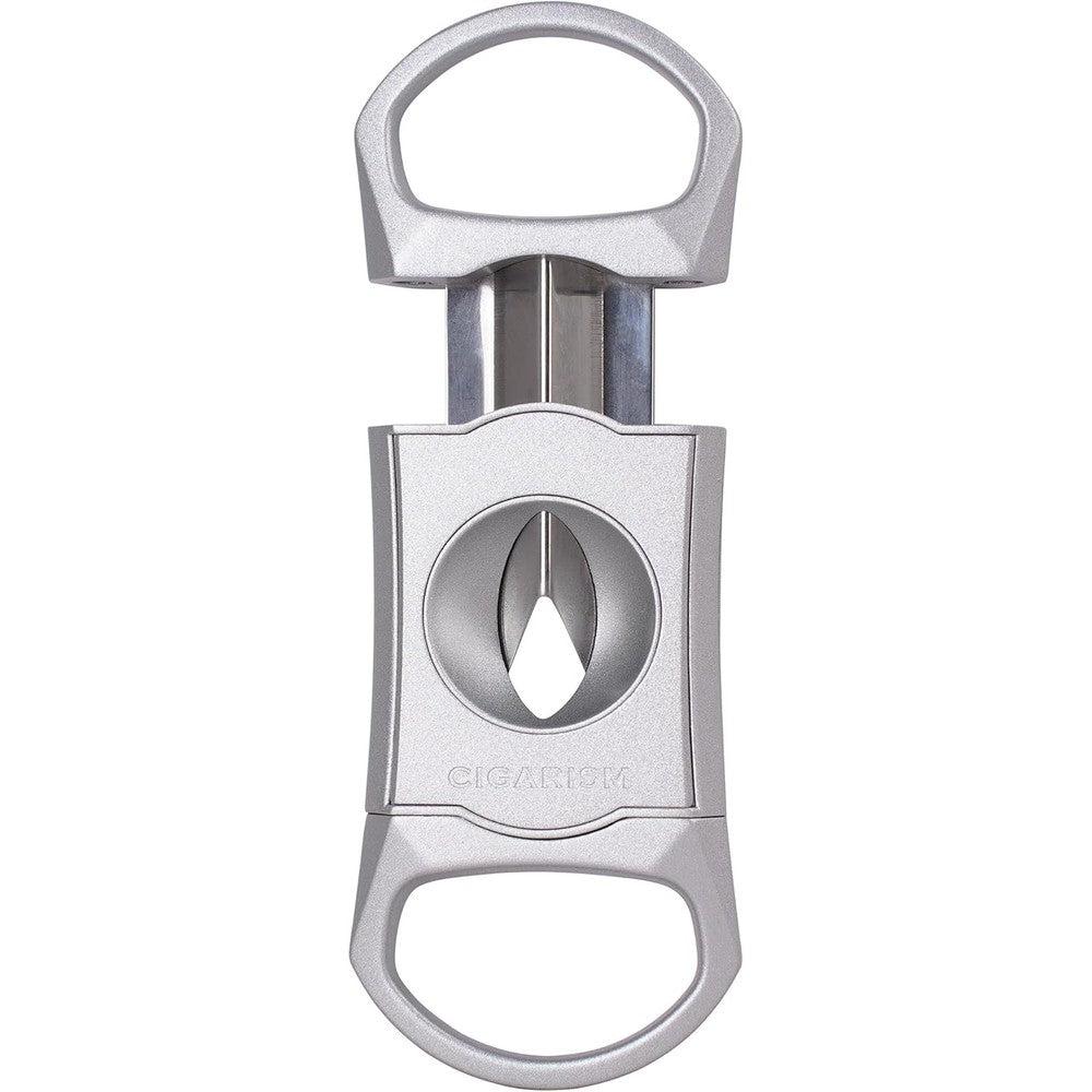 V-Cut Cigar Cutter Stainless Steel Blade, Up to 60+ Ring Gauge in Leather Gift Case (Silver)