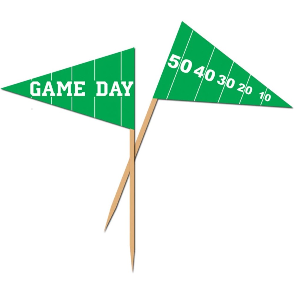 Beistle Touchdown Football Food Picks front view showcasing the green Game Day flag design on appetizers.