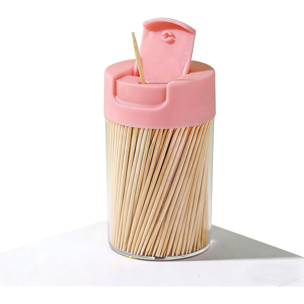 Wzrvmox natural bamboo toothpicks in blue and pink dispenser front view