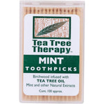 Tea Tree Therapy Mint Toothpicks 100 Count front packaging showing birchwood picks