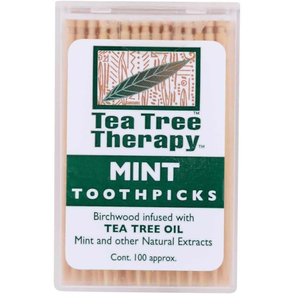 Tea Tree Therapy Mint Toothpicks 100 Count front packaging showing birchwood picks