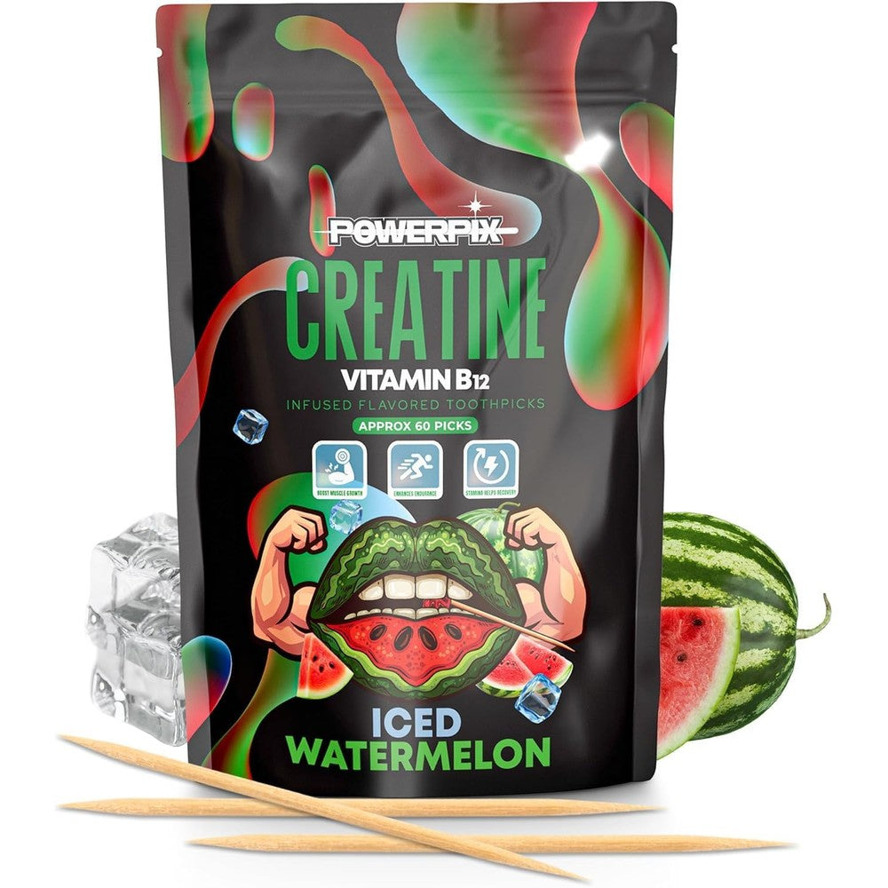 PowerPix creatine toothpicks front view of packaging featuring iced watermelon flavor details.