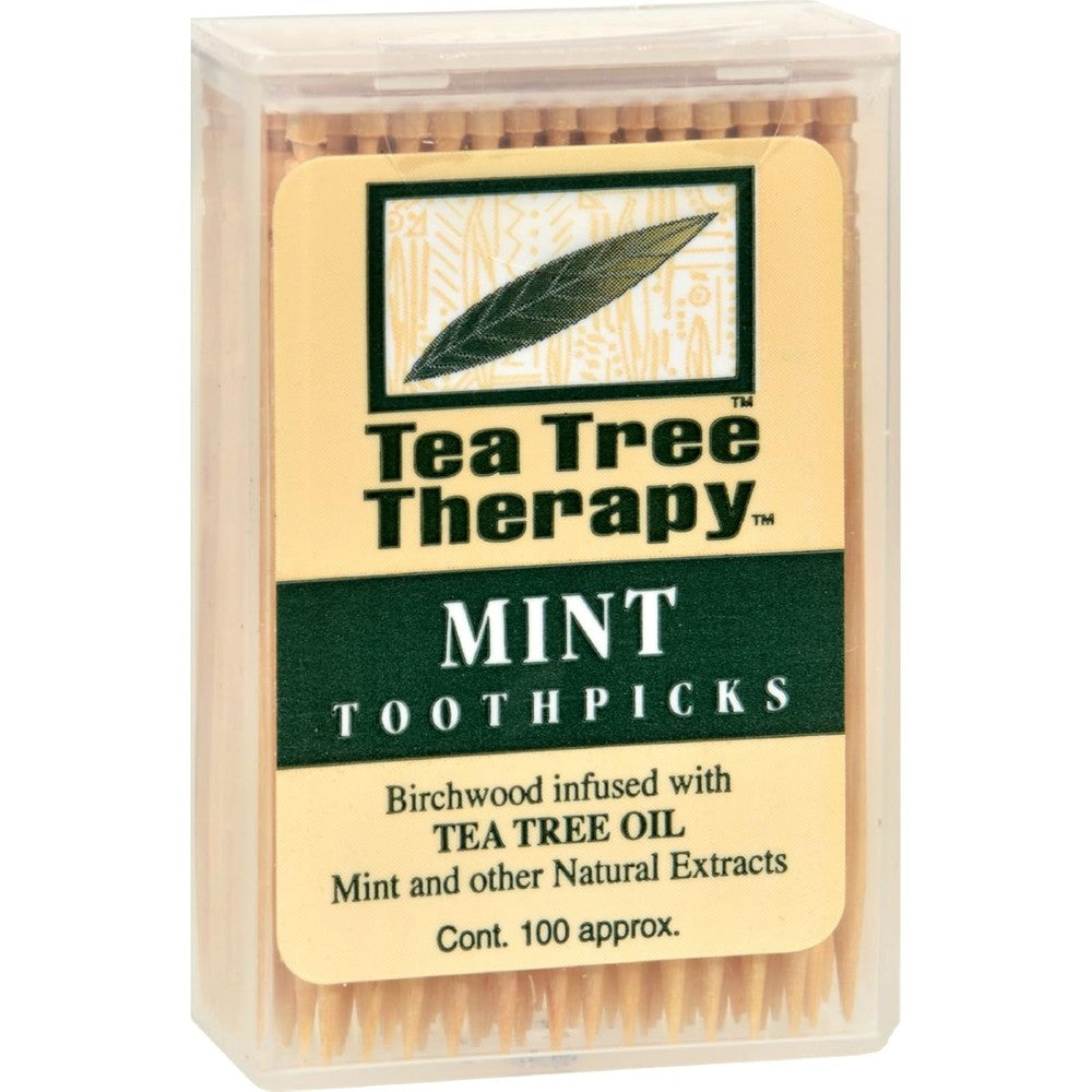 Tea Tree Therapy Birchwood Toothpicks front view authentic oral hygiene picks.