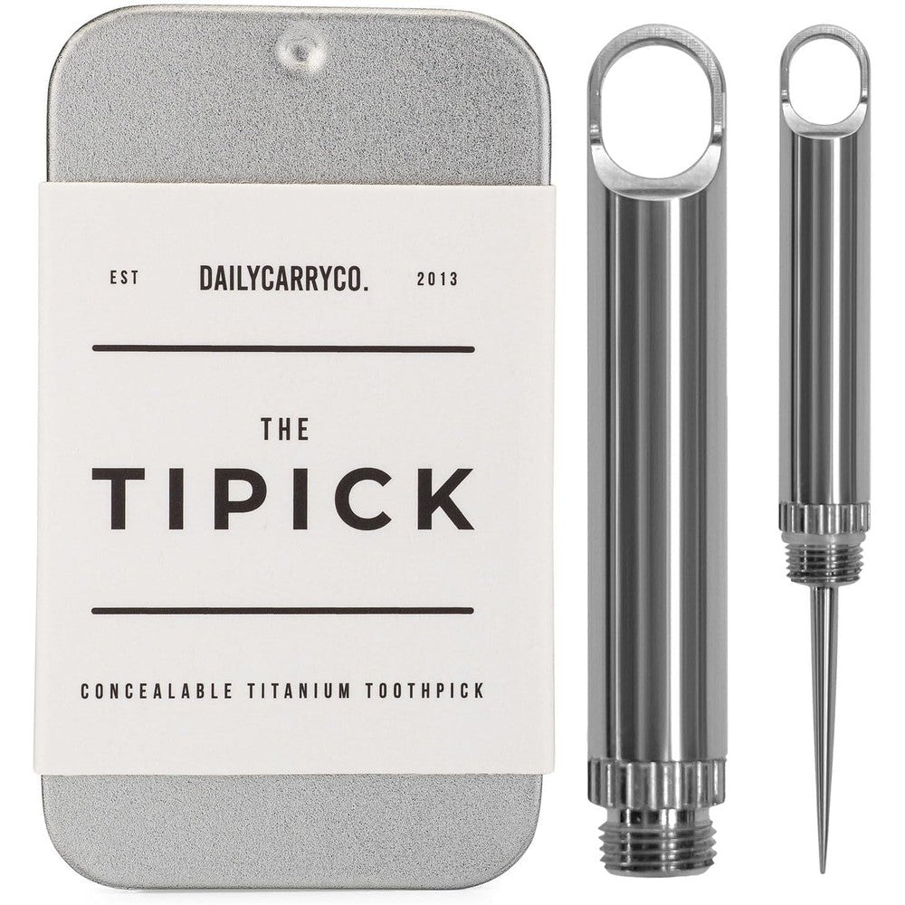 DAILYCARRYCO. TiPick titanium toothpick holder front view for EDC keychain.