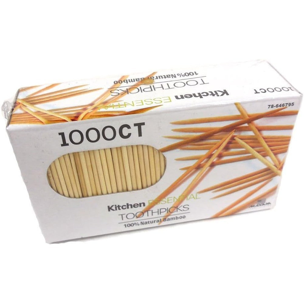 Kitchen Essentials 100% Natural Bamboo Toothpicks 1000 Count pack front view for kitchen use.