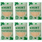 Nuenen mint flavored natural wood toothpicks front view of the six packaging bags