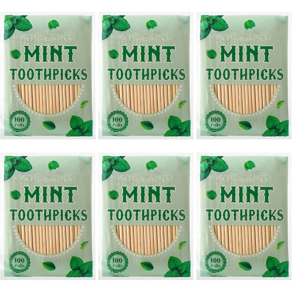 Nuenen mint flavored natural wood toothpicks front view of the six packaging bags