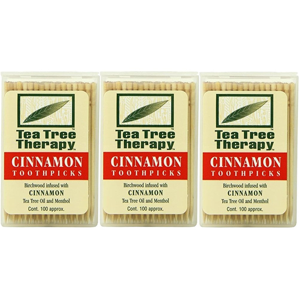 Tea Tree Therapy Cinnamon Toothpicks 3-pack front view for oral hygiene.