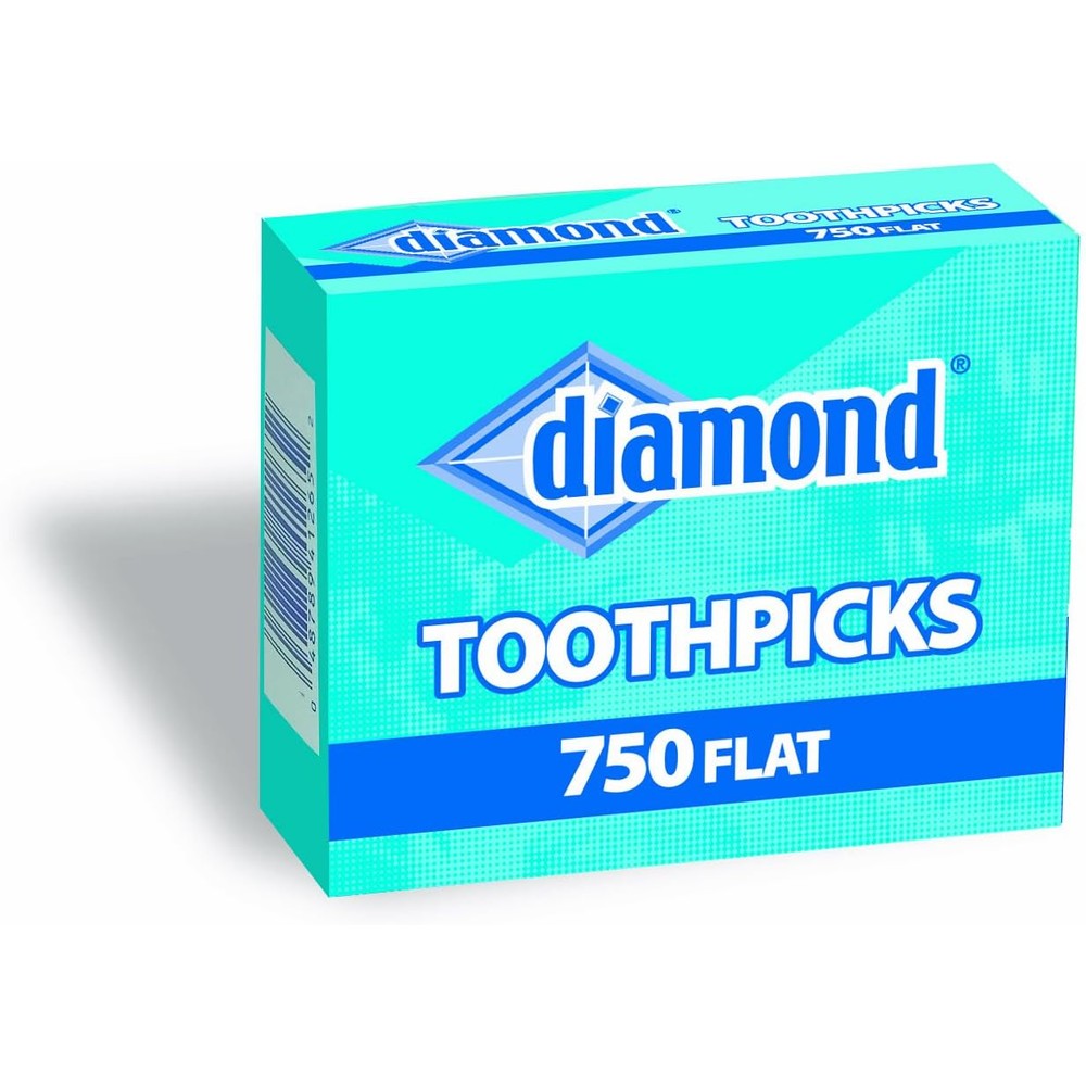 Diamond Flat Toothpicks 750 count container front view authentic wooden dental picks.